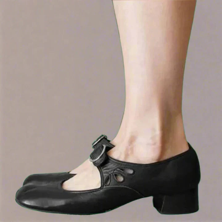 Jacqueline | Women's Retro Mary Jane Low Block Heel Cutout Buckle Shoe