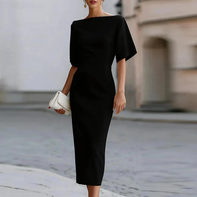 Aurelia | Women's Elegant Boat Neck Half Sleeve Bodycon Midi Engagement Party Dress