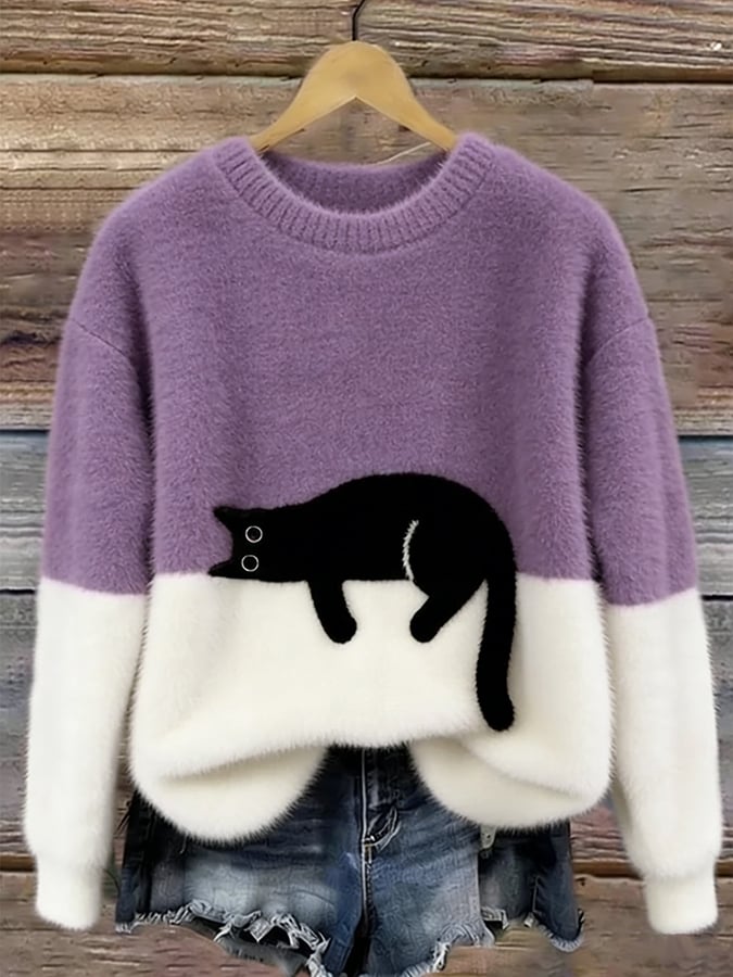Betty | Women's Cozy Fuzzy Color Block Crew Neck Cute Pullover Sweater