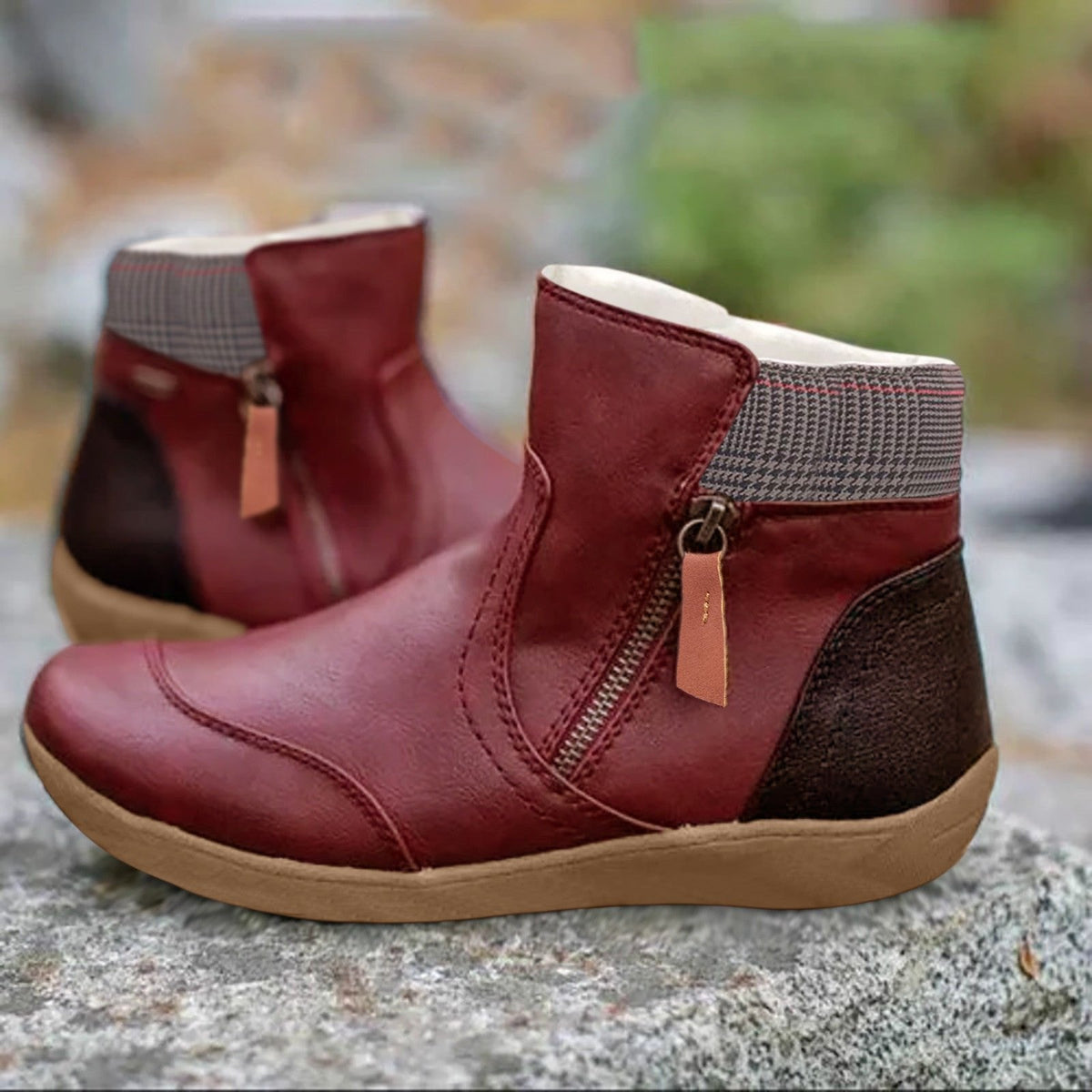 Annabel | Women's Comfortable Plaid Trim Side Zip Ankle Boot