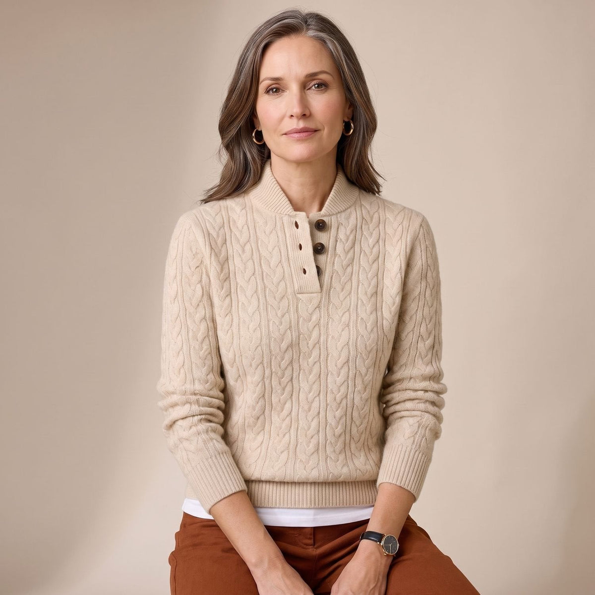 Effie | Women's Button Placket Mock Neck Cable Knit Pullover Sweater