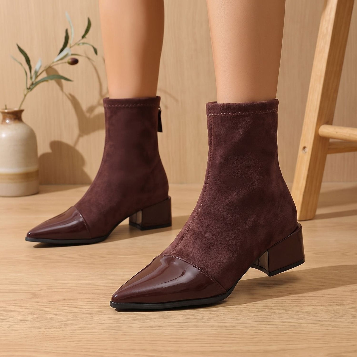 Georgina | Women's Pointed Toe Patent Cap Block Heel Dress Ankle Boot