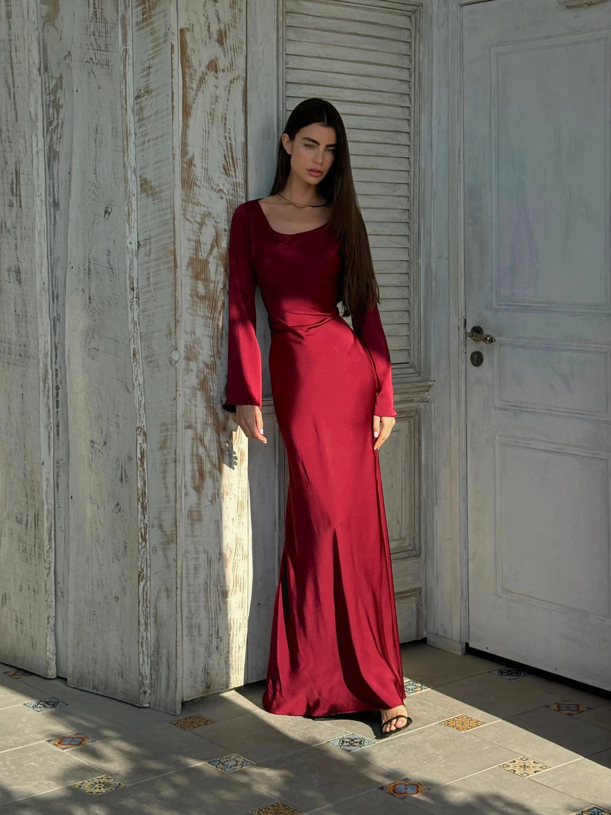 Lucienne | Women's Bell Sleeve Scoop Neck Satin Mermaid Evening Maxi Dress