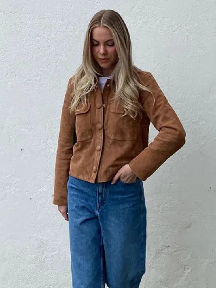 Giselle | Women's Brown Cropped Button-Front Chore Jacket