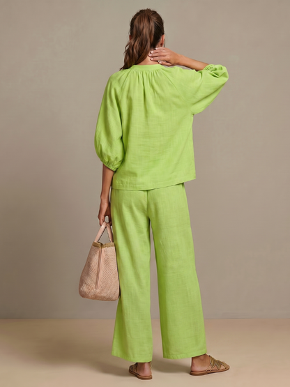 Carol | Women's Linen Blend Zip-Front Balloon Sleeve Wide Leg Two-Piece Set
