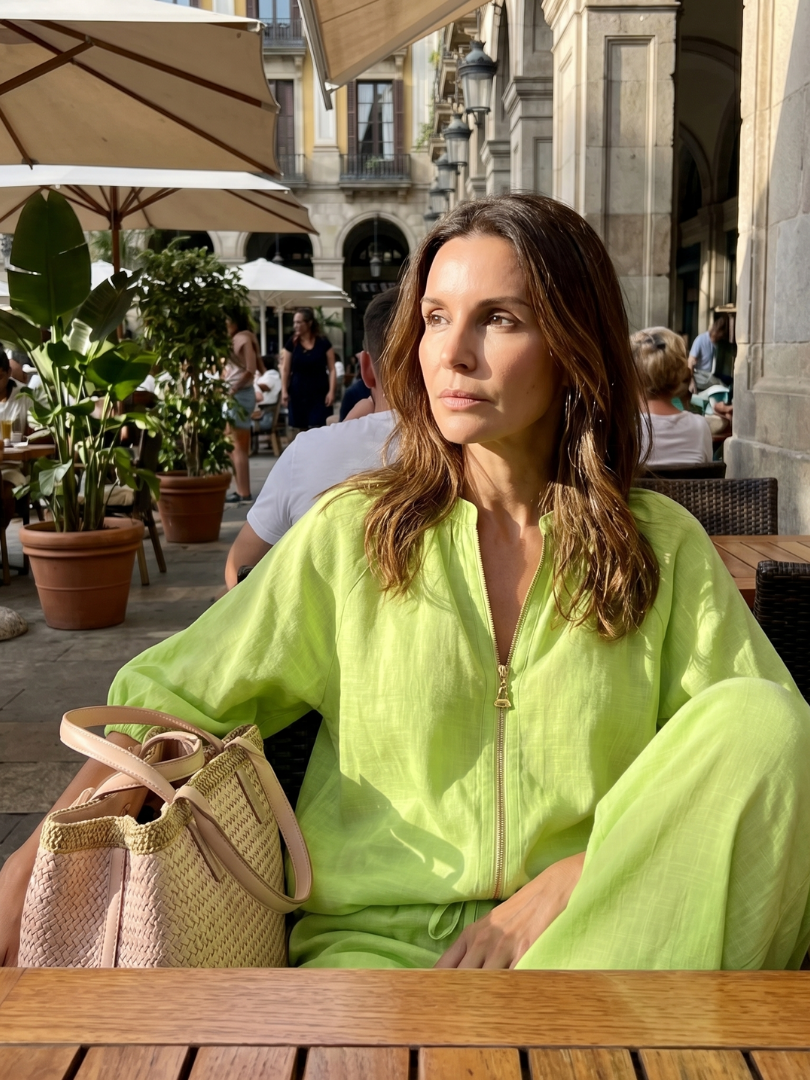 Carol | Women's Linen Blend Zip-Front Balloon Sleeve Wide Leg Two-Piece Set