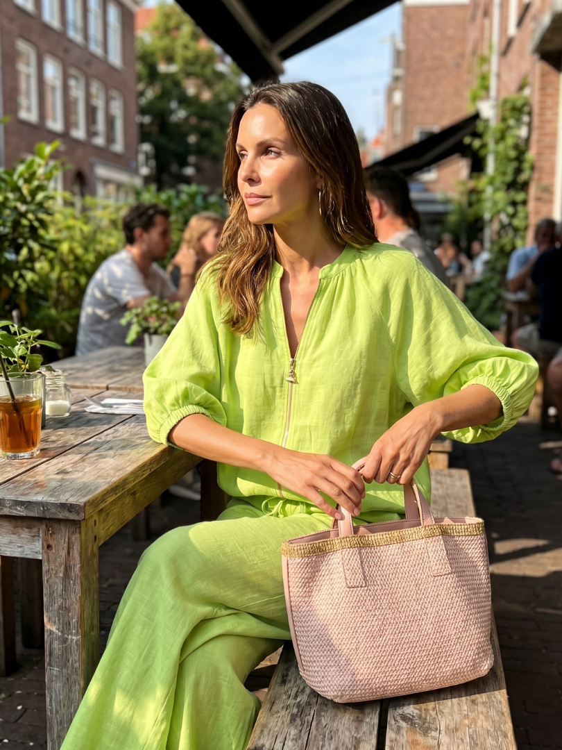 Carol | Women's Linen Blend Zip-Front Balloon Sleeve Wide Leg Two-Piece Set