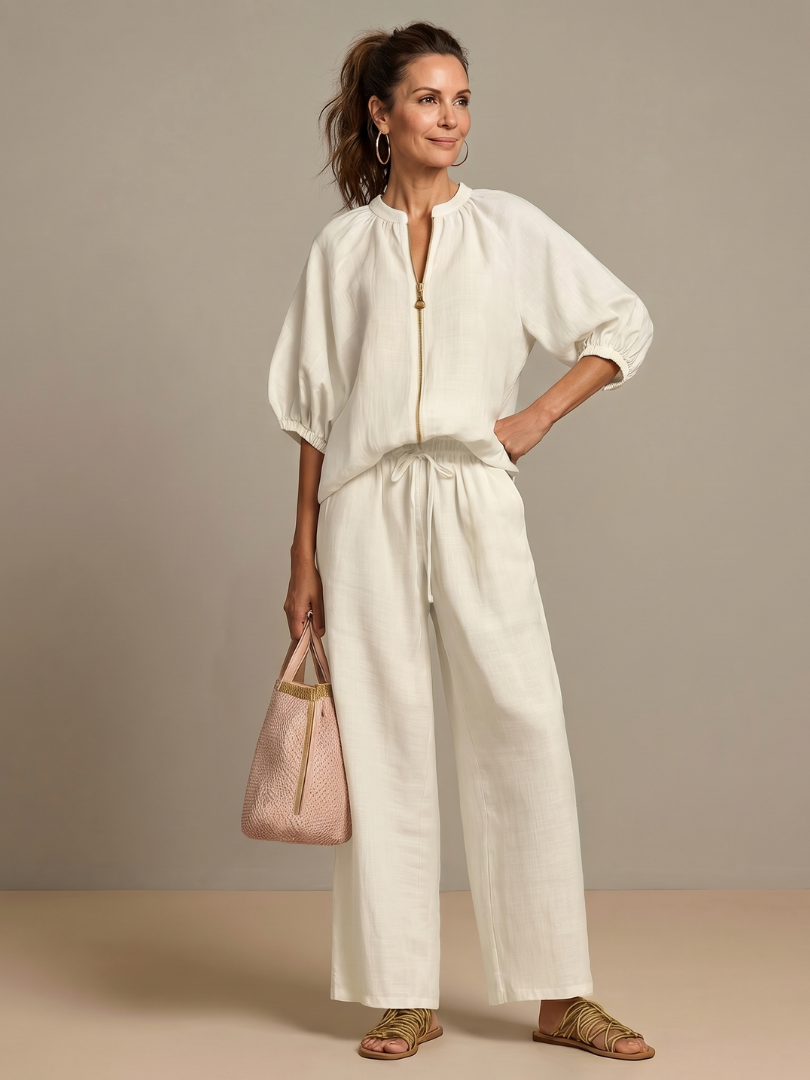 Carol | Women's Linen Blend Zip-Front Balloon Sleeve Wide Leg Two-Piece Set