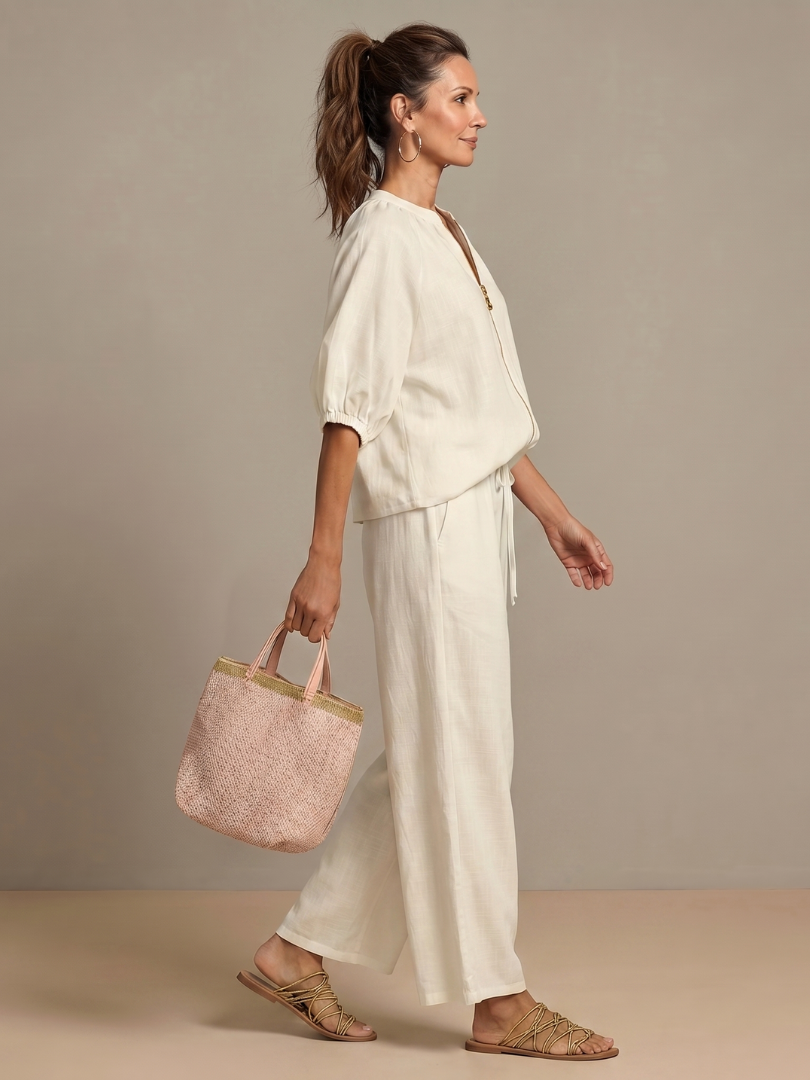 Carol | Women's Linen Blend Zip-Front Balloon Sleeve Wide Leg Two-Piece Set
