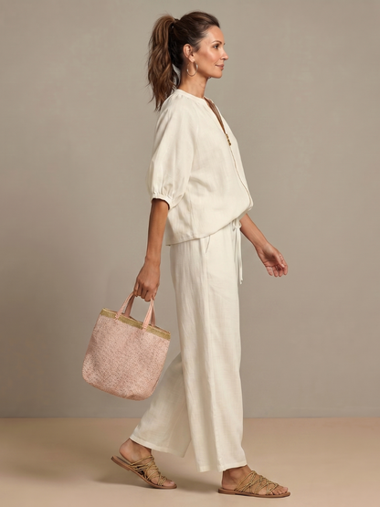 Carol | Women's Linen Blend Zip-Front Balloon Sleeve Wide Leg Two-Piece Set