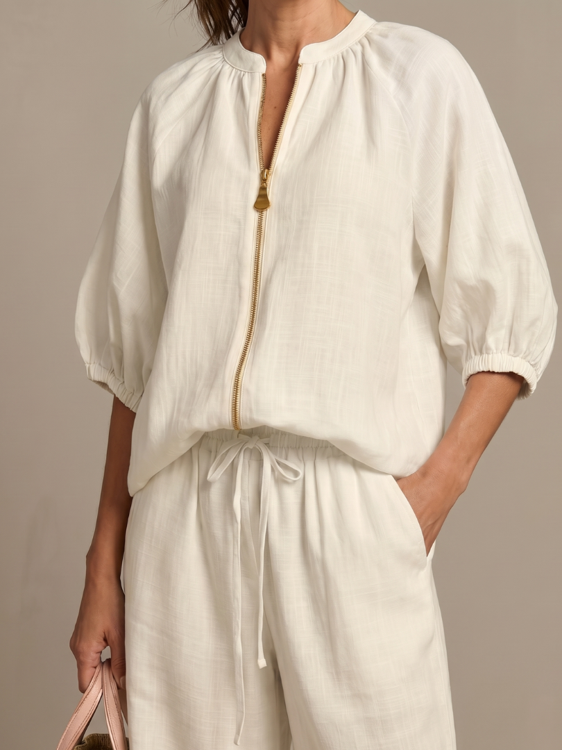 Carol | Women's Linen Blend Zip-Front Balloon Sleeve Wide Leg Two-Piece Set