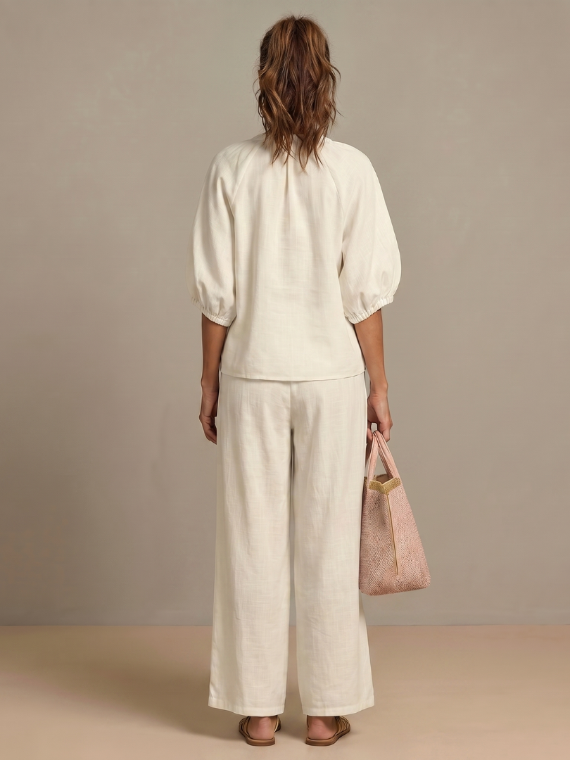 Carol | Women's Linen Blend Zip-Front Balloon Sleeve Wide Leg Two-Piece Set