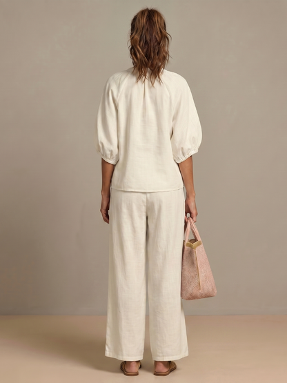 Carol | Women's Linen Blend Zip-Front Balloon Sleeve Wide Leg Two-Piece Set