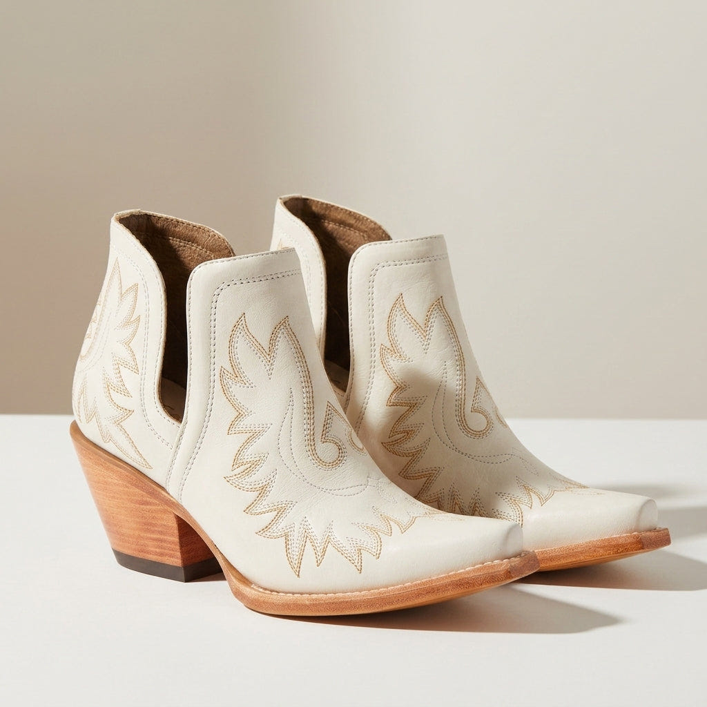 Ida | Women's Embroidered Western Cut Out Pointed Toe Heeled Ankle Boot
