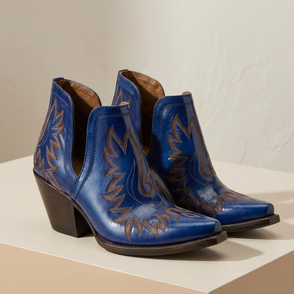 Ida | Women's Embroidered Western Cut Out Pointed Toe Heeled Ankle Boot