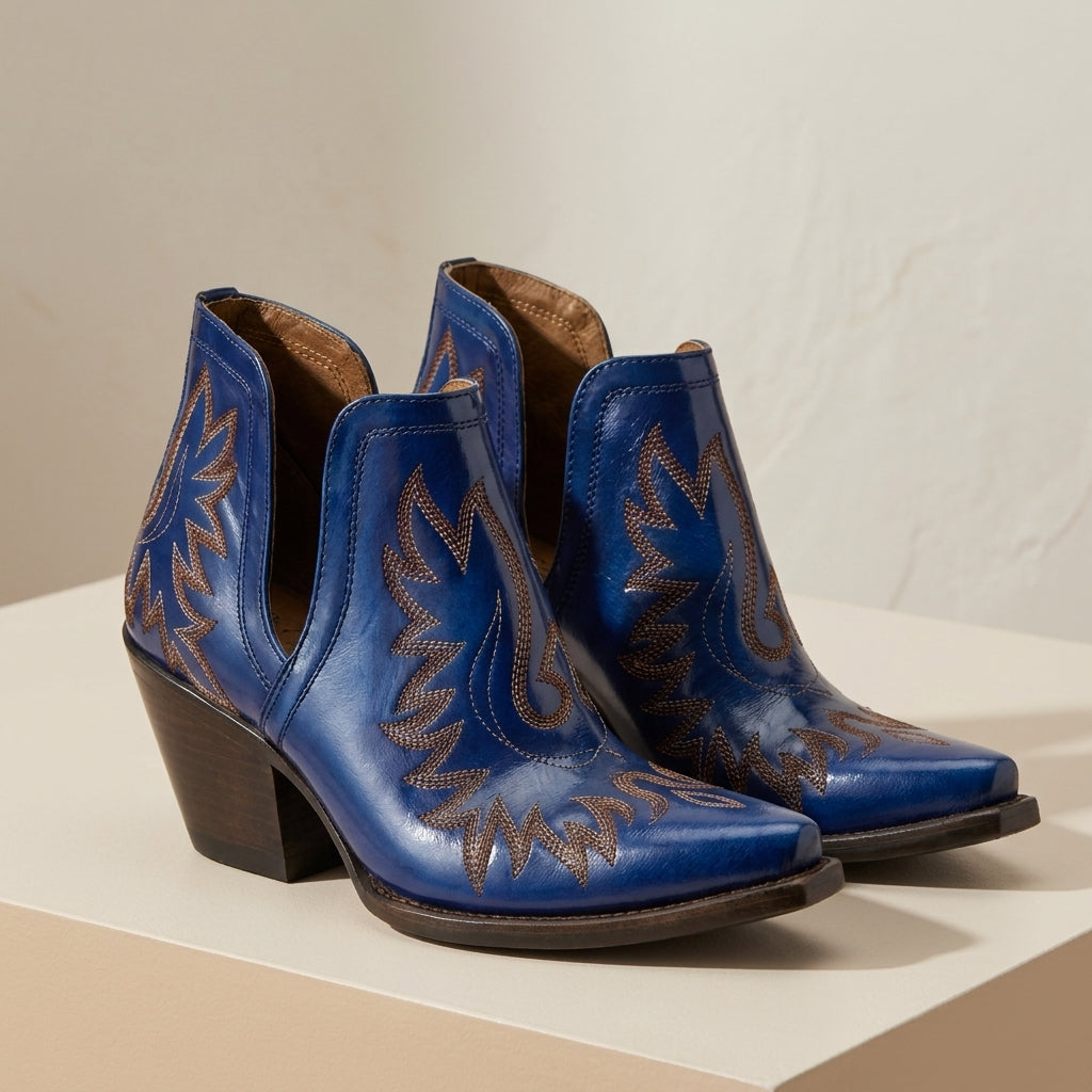 Ida | Women's Embroidered Western Cut Out Pointed Toe Heeled Ankle Boot
