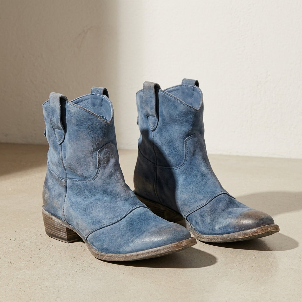 Janice | Women's Vintage Western Low Heel Slip On Pointed Toe Faux Suede Ankle Boot