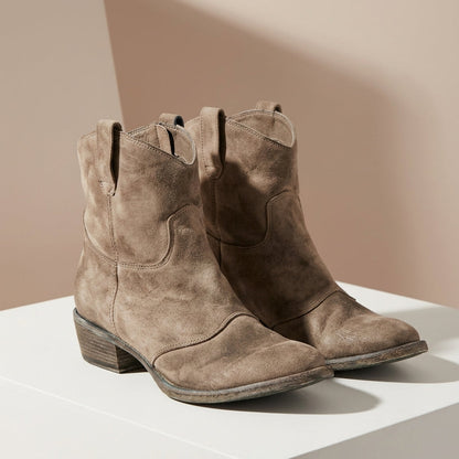 Janice | Women's Vintage Western Low Heel Slip On Pointed Toe Faux Suede Ankle Boot
