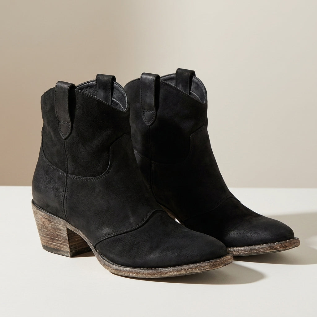 Janice | Women's Vintage Western Low Heel Slip On Pointed Toe Faux Suede Ankle Boot