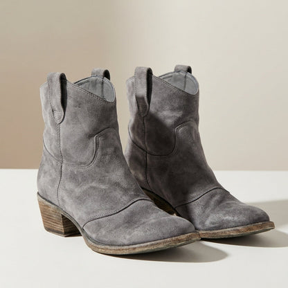Janice | Women's Vintage Western Low Heel Slip On Pointed Toe Faux Suede Ankle Boot