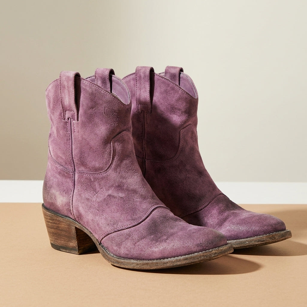 Janice | Women's Vintage Western Low Heel Slip On Pointed Toe Faux Suede Ankle Boot
