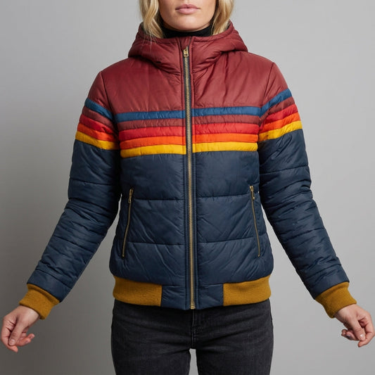 Camelia | Women's Retro Striped Color Block Hooded Insulated Puffer Jacket