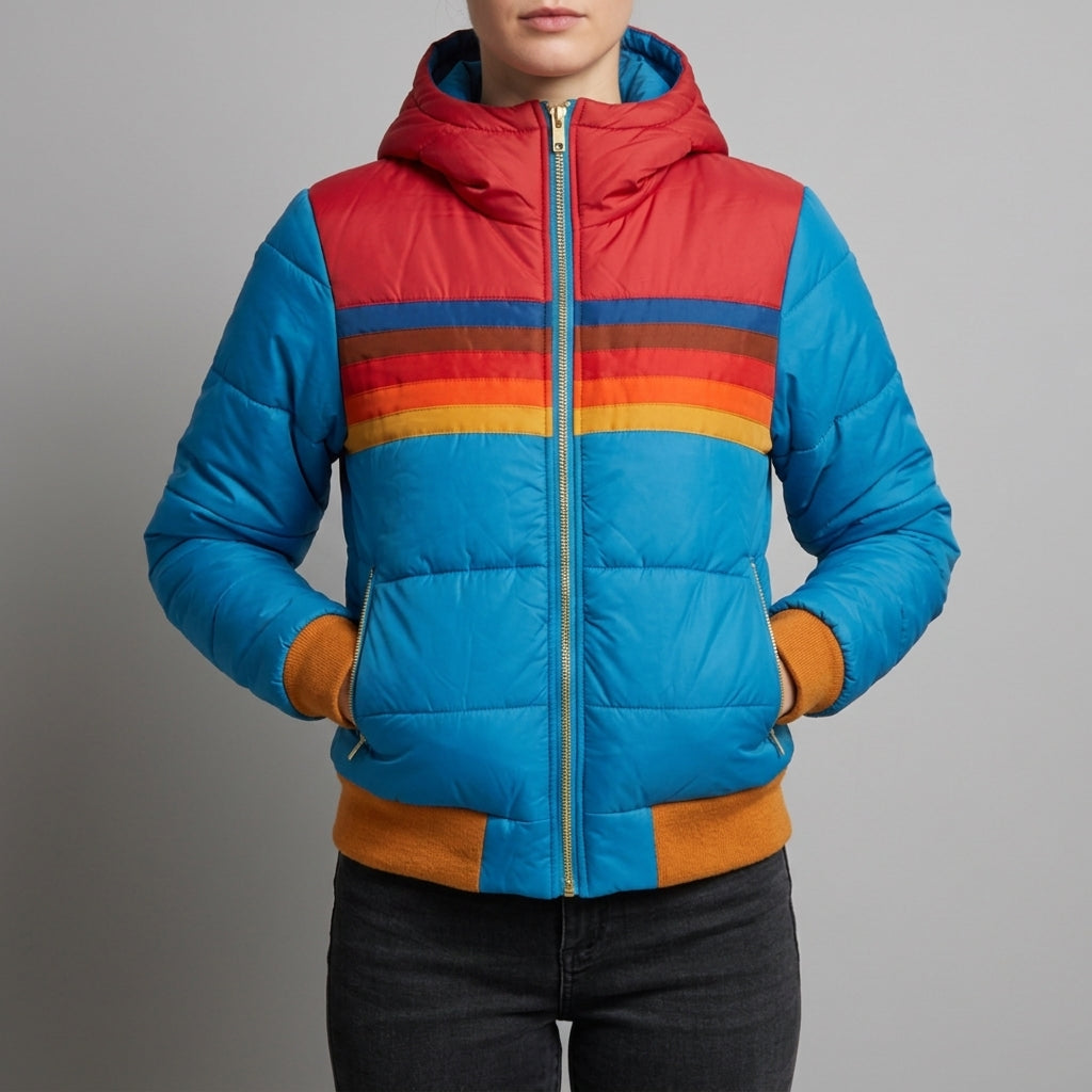 Camelia | Women's Retro Striped Color Block Hooded Insulated Puffer Jacket