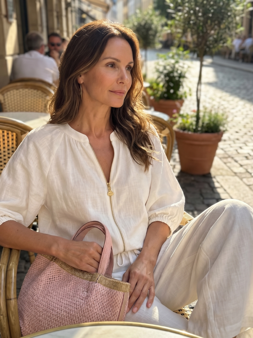 Carol | Women's Linen Blend Zip-Front Balloon Sleeve Wide Leg Two-Piece Set