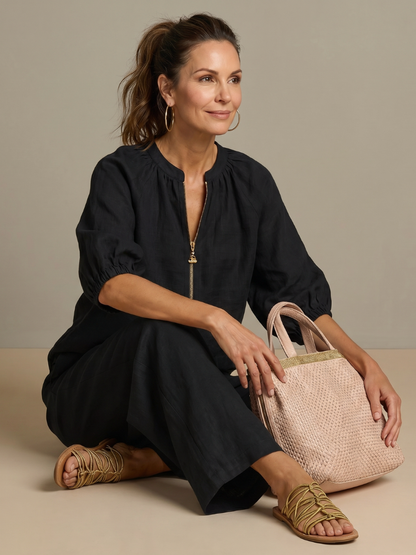Carol | Women's Linen Blend Zip-Front Balloon Sleeve Wide Leg Two-Piece Set