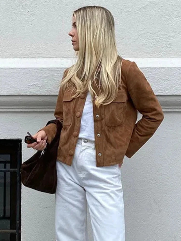 Giselle | Women's Brown Cropped Button-Front Chore Jacket