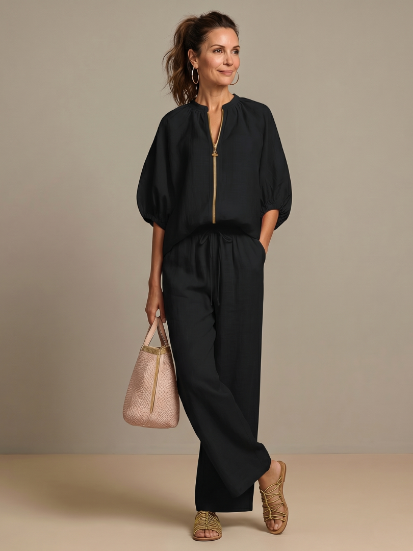 Carol | Women's Linen Blend Zip-Front Balloon Sleeve Wide Leg Two-Piece Set