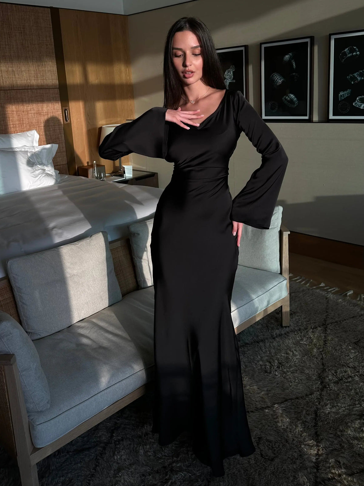 Lucienne | Women's Bell Sleeve Scoop Neck Satin Mermaid Evening Maxi Dress