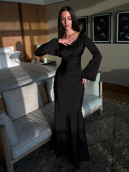 Lucienne | Women's Bell Sleeve Scoop Neck Satin Mermaid Evening Maxi Dress