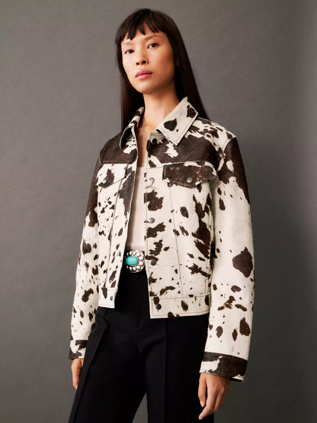 Tamsin | Women's Faux Fur Animal Print Button Up Cropped Trucker Jacket