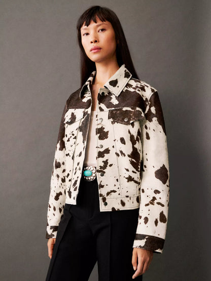 Tamsin | Women's Faux Fur Animal Print Button Up Cropped Trucker Jacket