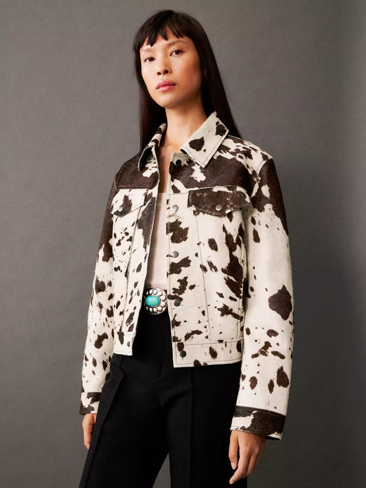 Tamsin | Women's Faux Fur Animal Print Button Up Cropped Trucker Jacket