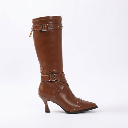 Isabel | Women's Studded Buckle Faux Leather Pointed Toe Block Heel Knee High Boot