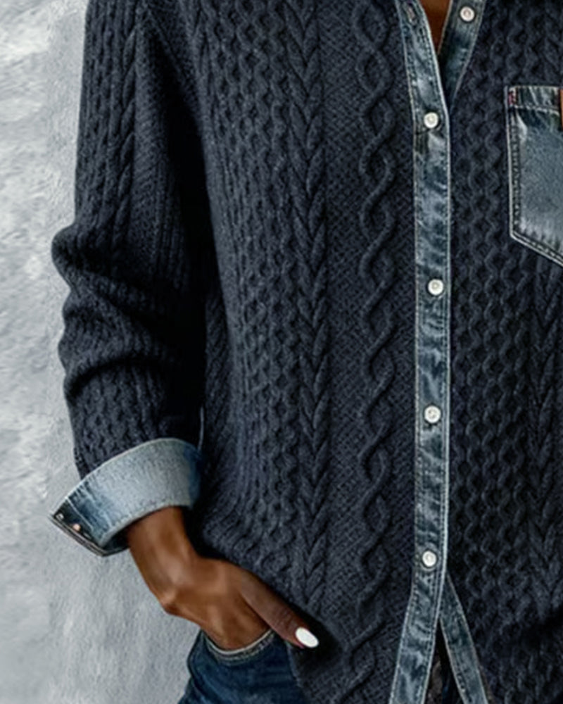 Sierra | Women's Cable Knit Button-Front Denim-Look Long Sleeve Shirt