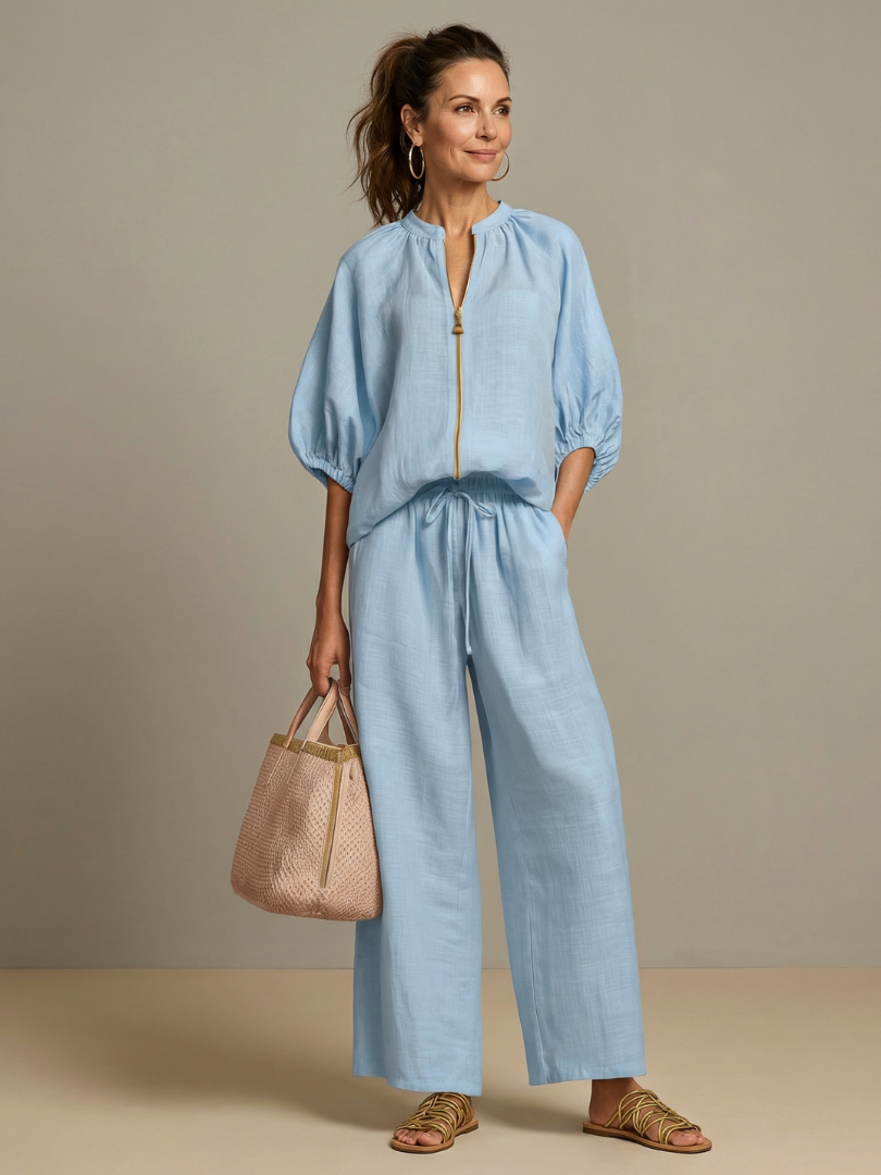 Carol | Women's Linen Blend Zip-Front Balloon Sleeve Wide Leg Two-Piece Set
