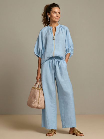 Carol | Women's Linen Blend Zip-Front Balloon Sleeve Wide Leg Two-Piece Set