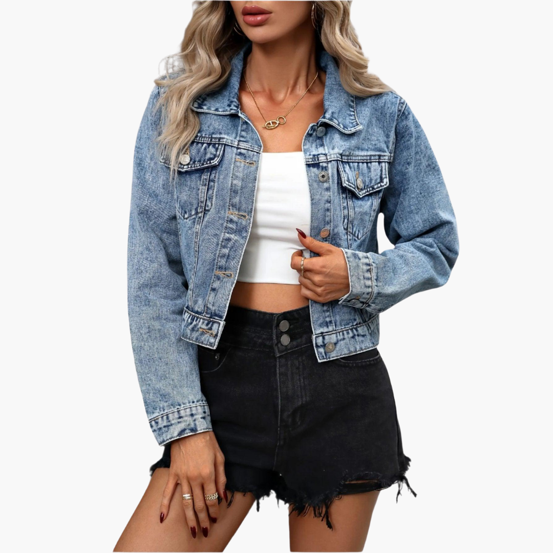 Cleora | Women's Cropped Denim Jacket With Chest Pockets
