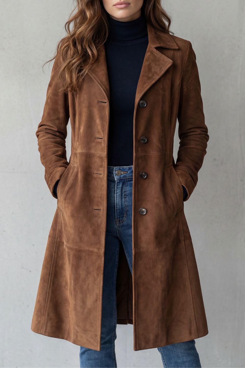 Ondine | Women's Vintage Suede-Look Single-Breasted Fitted Midi Fall Coat