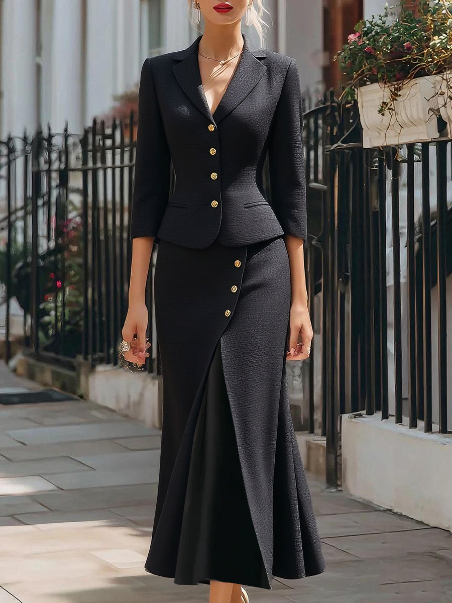 Clementine | Women's Elegant Skirt Suit Fitted Blazer Fishtail Maxi Skirt Gold Button Co Ord Set