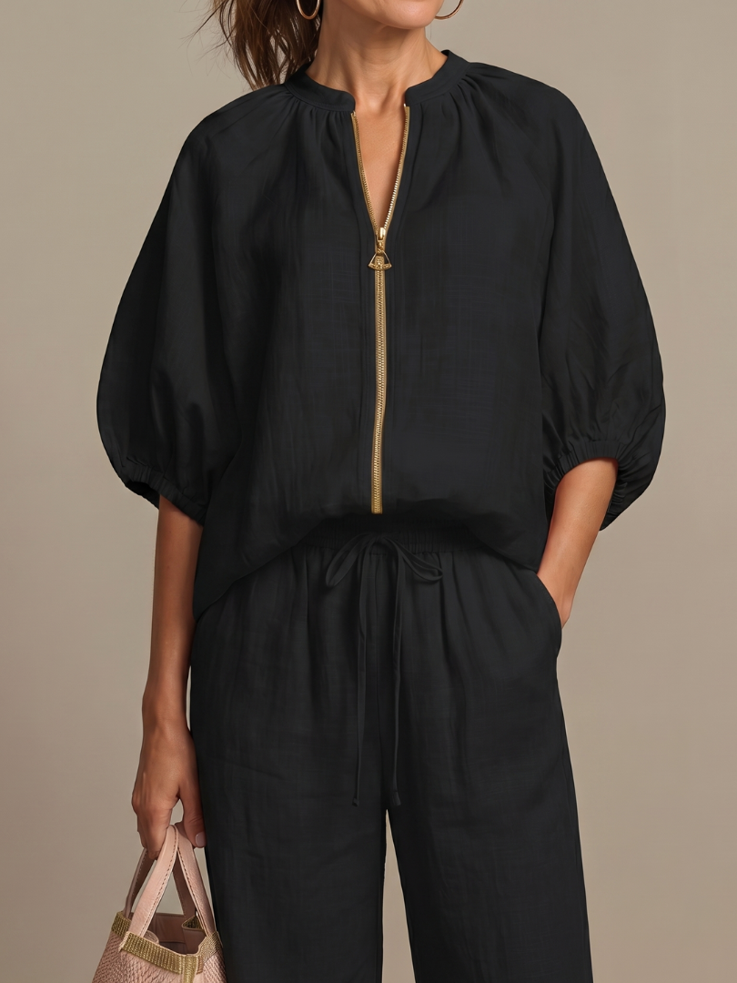 Carol | Women's Linen Blend Zip-Front Balloon Sleeve Wide Leg Two-Piece Set