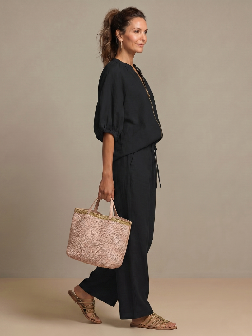 Carol | Women's Linen Blend Zip-Front Balloon Sleeve Wide Leg Two-Piece Set
