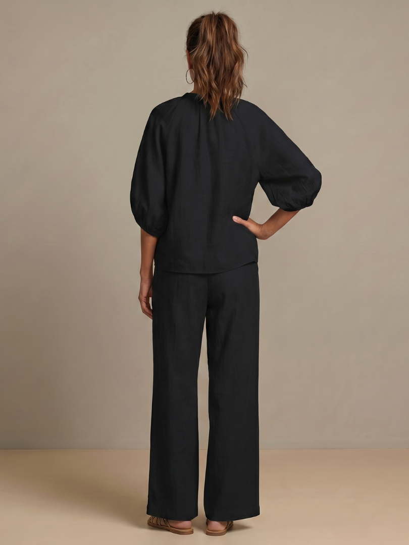 Carol | Women's Linen Blend Zip-Front Balloon Sleeve Wide Leg Two-Piece Set
