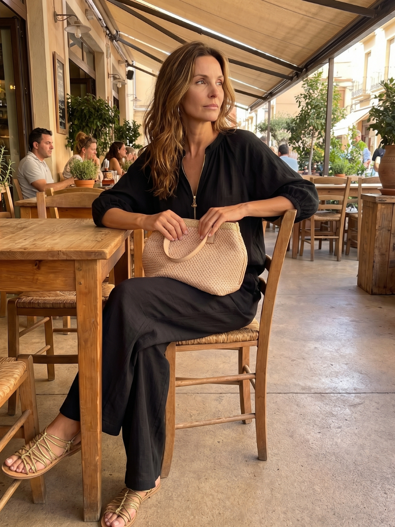 Carol | Women's Linen Blend Zip-Front Balloon Sleeve Wide Leg Two-Piece Set