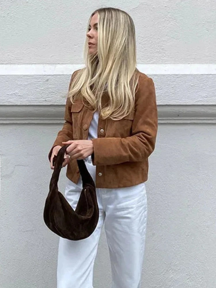 Giselle | Women's Brown Cropped Button-Front Chore Jacket