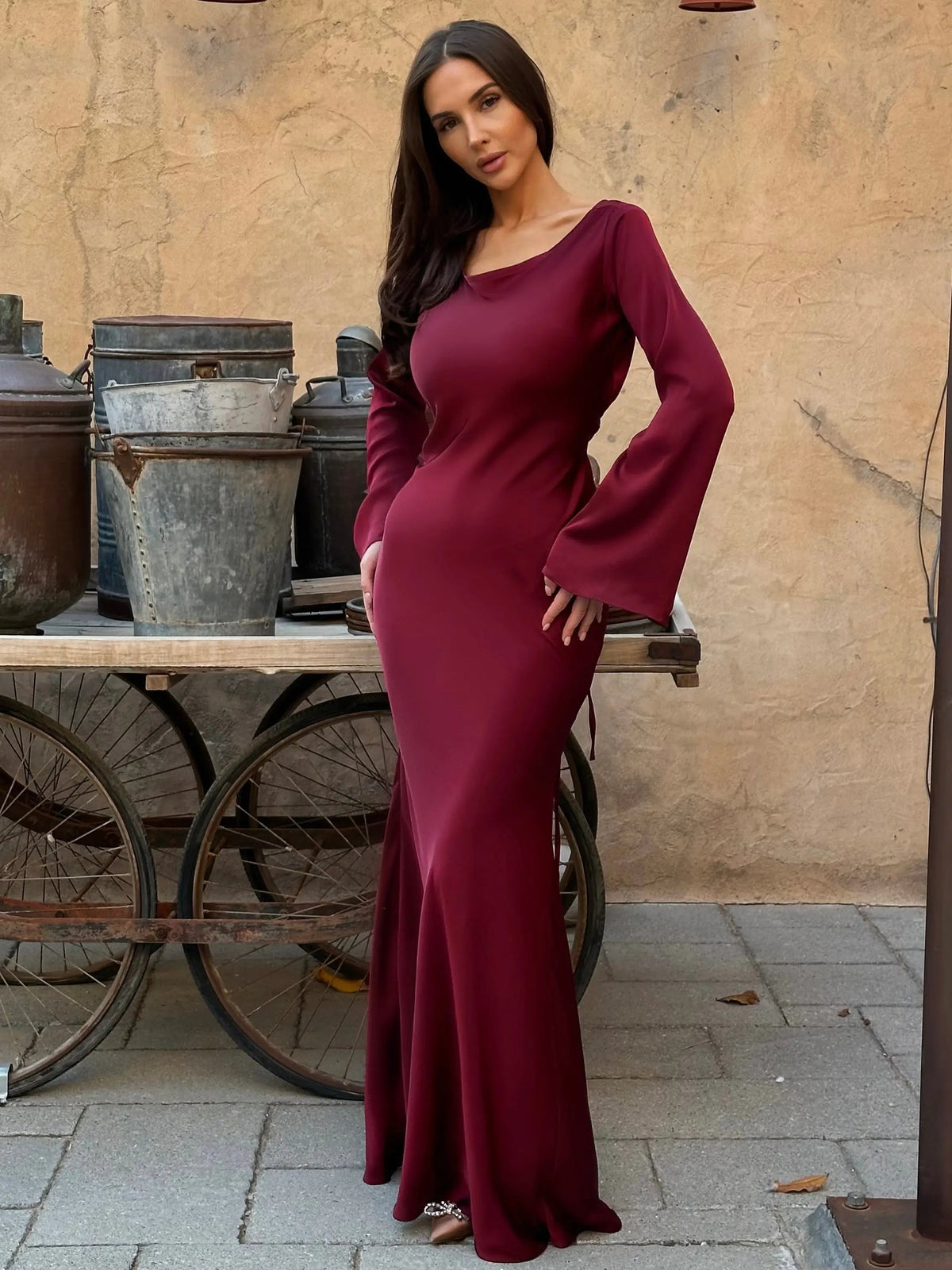 Lucienne | Women's Bell Sleeve Scoop Neck Satin Mermaid Evening Maxi Dress