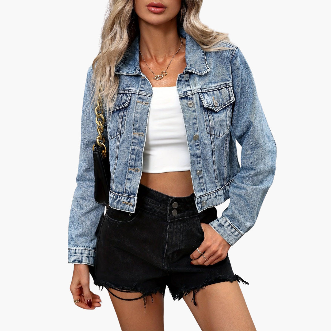 Cleora | Women's Cropped Denim Jacket With Chest Pockets